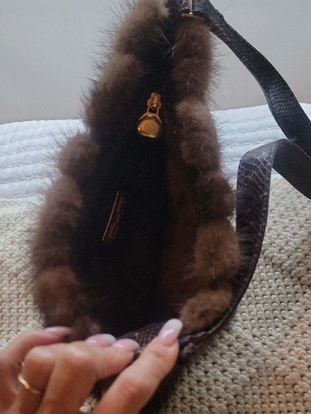 Brown Fur Wristlet Clutch with Leather Strap - Picture 3 of 3